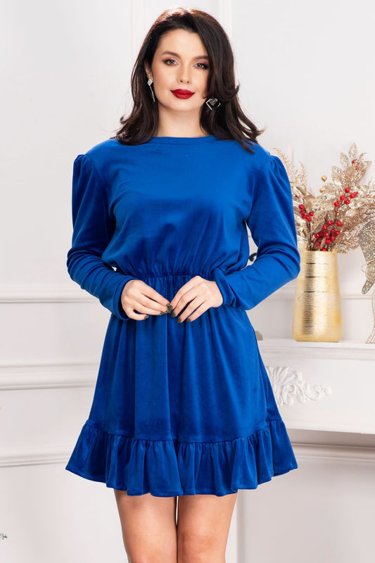 Rochie dama Cherry din catifea albastru royal cu volanas