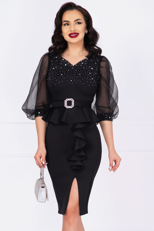 Rochie de ocazie eleganta neagra cu maneci din organza si peplum