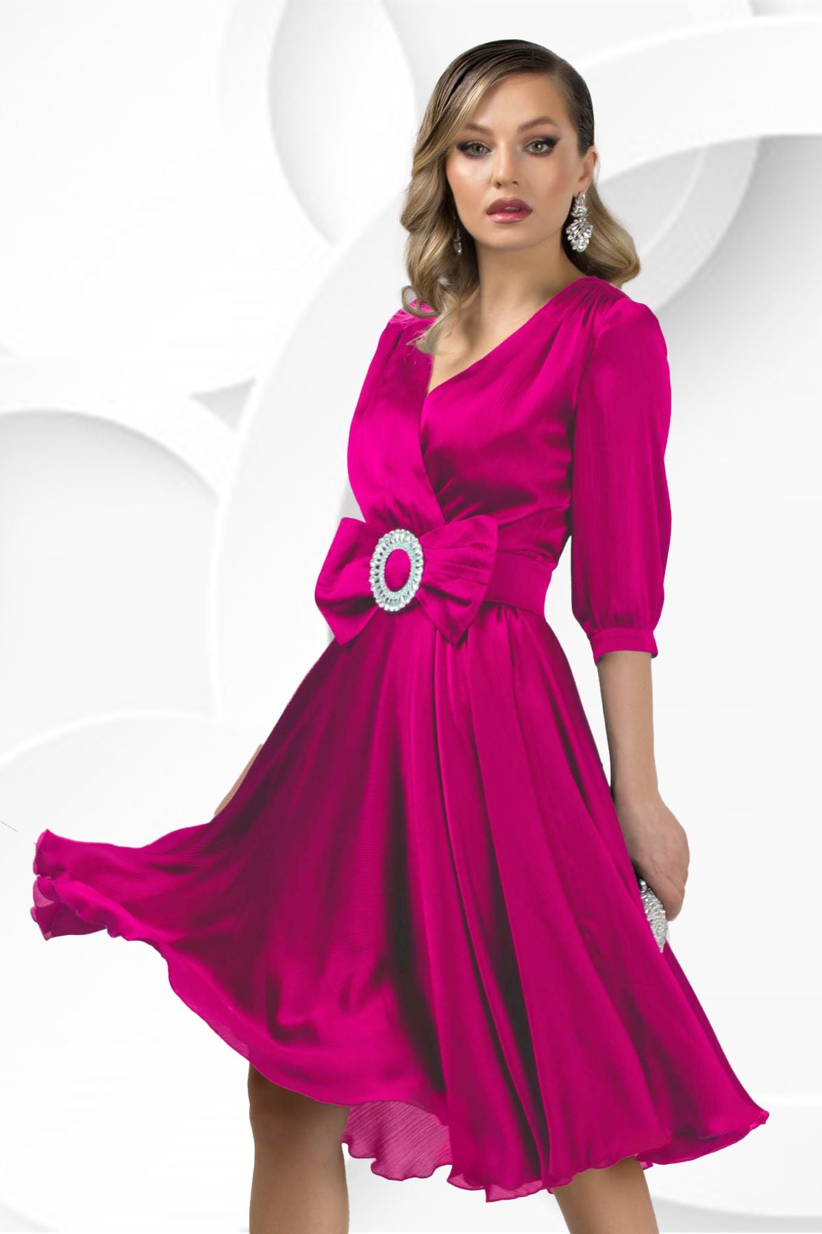 Rochie de ocazie eleganta Pretty Girl fucsia cu funda in talie