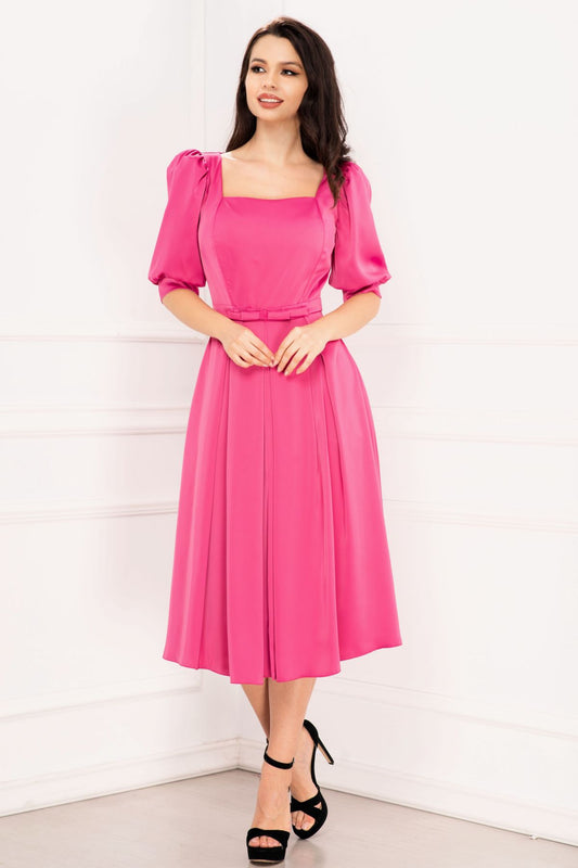 Rochie de ocazie Valeria fucsia cu pliuri si maneci bufante