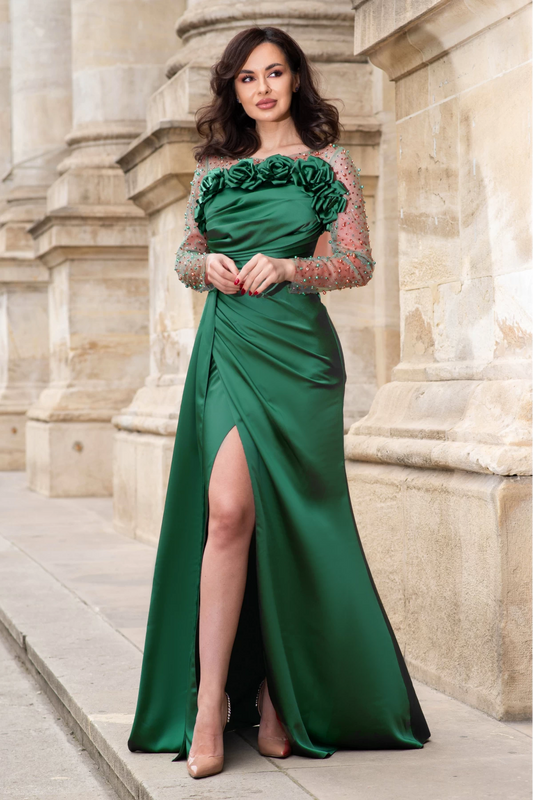 Rochie de seara din tafta Calliope verde cu flori de bujor 3D