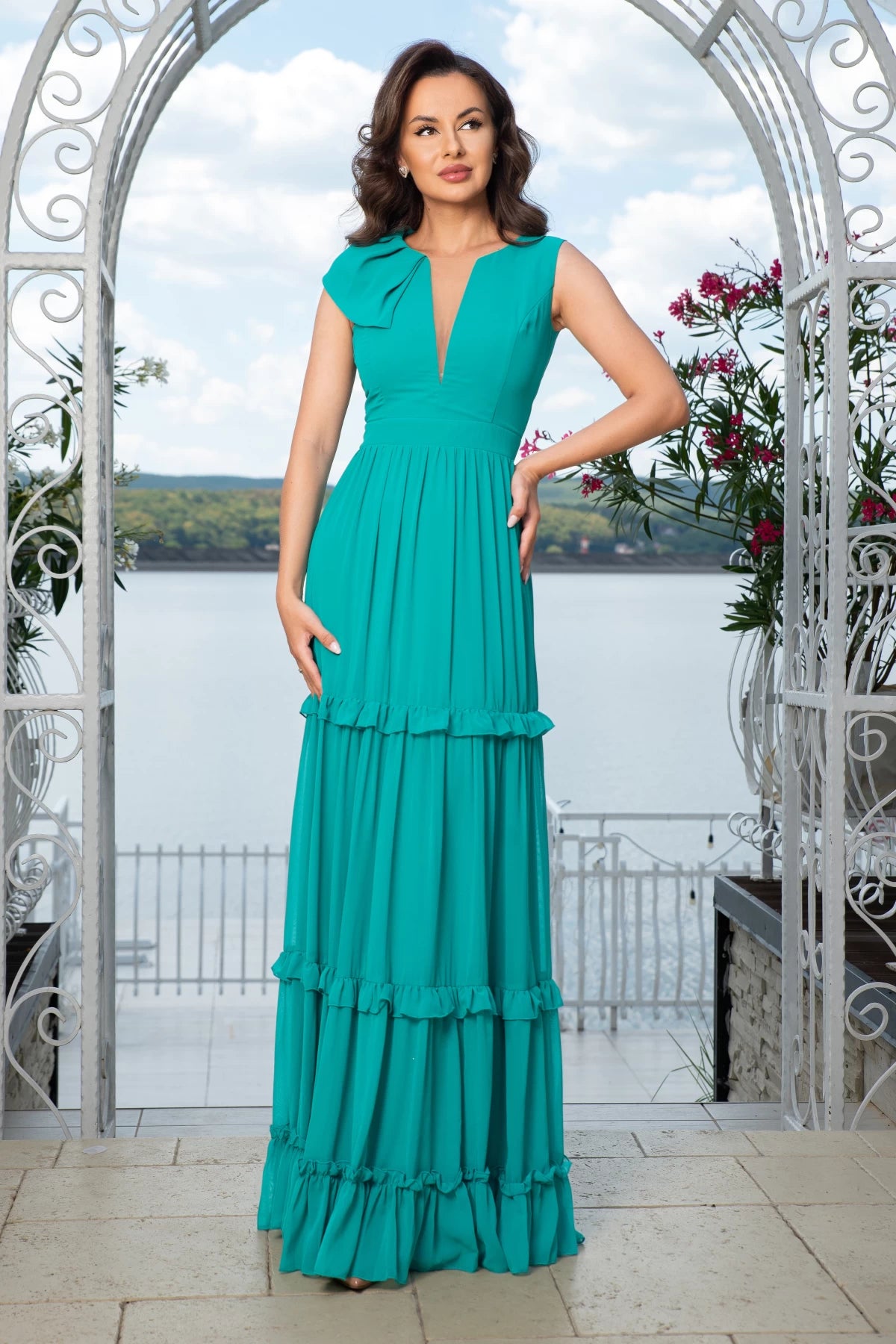 Rochie de seara turquoise cu volane