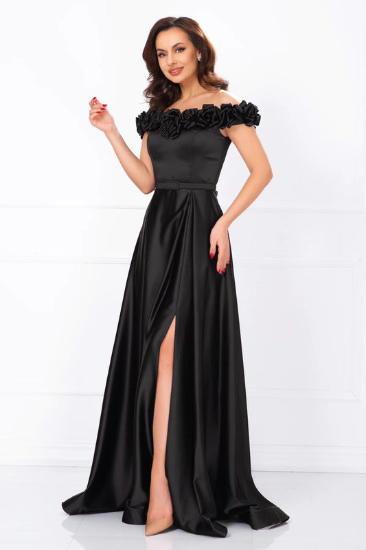 Rochie de seara lunga Penelope neagra cu trandafiri pretiosi