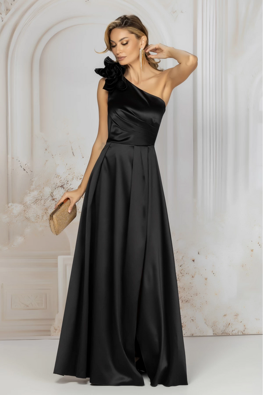 Rochie de seara neagra lunga cu umar gol si floare 3D