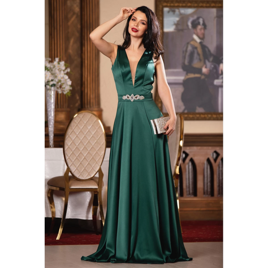 Rochie de seara Ophelia verde lunga din tafta satinata