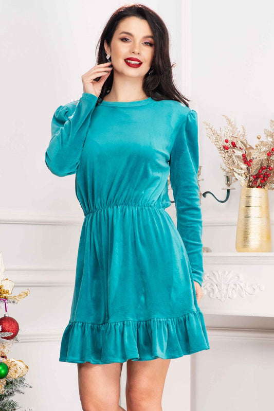 Rochie de zi Cherry din catifea turquoise cu volanas