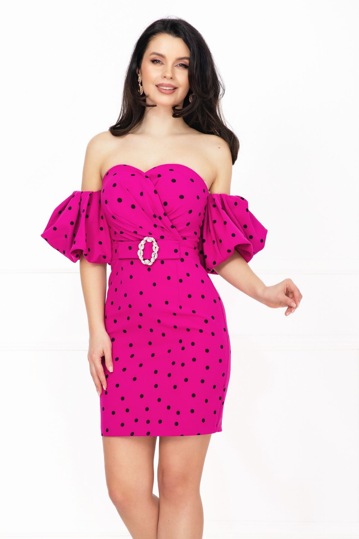 Rochie de zi cu buline Layla fucsia cu maneci gogosar