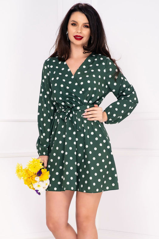 Rochie de zi verde cu buline albe