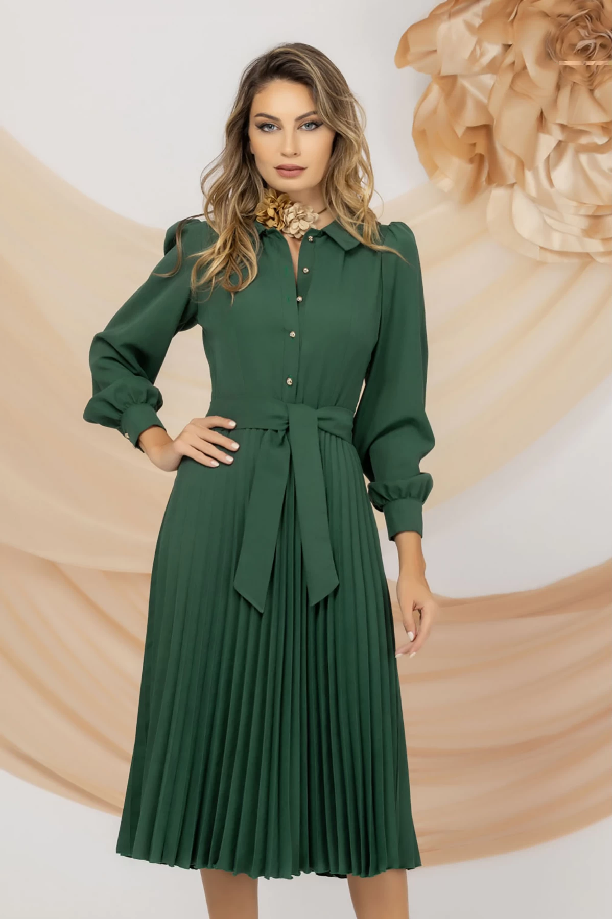 Rochie de zi verde Pretty Girl cu pliseuri