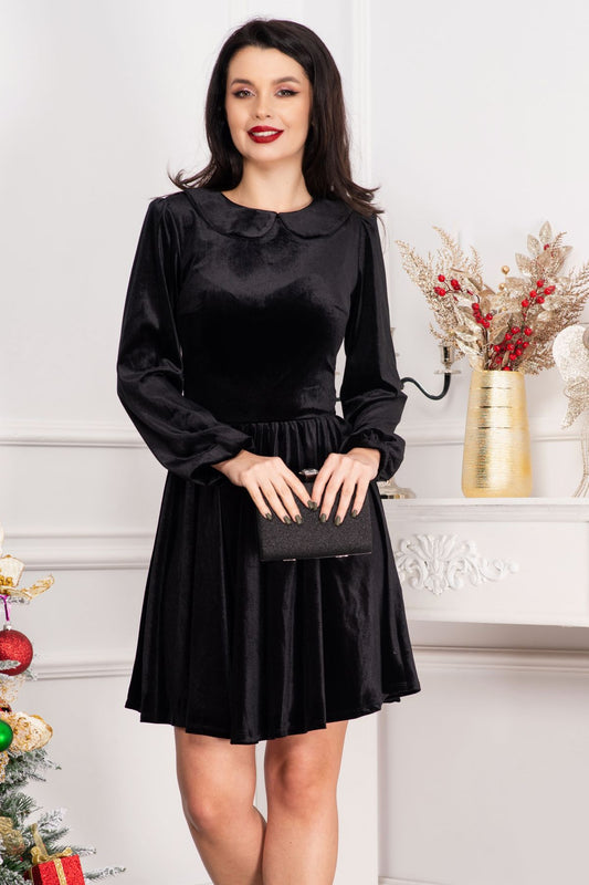 Rochie din catifea Fiolla neagra in clos cu guler