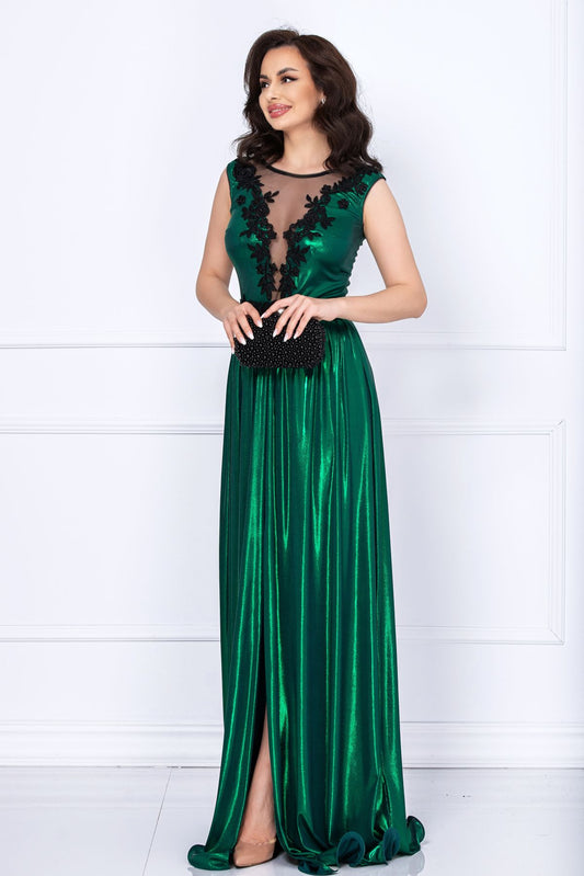 Rochie eleganta Ginette verde peliculizata cu broderie aplicata