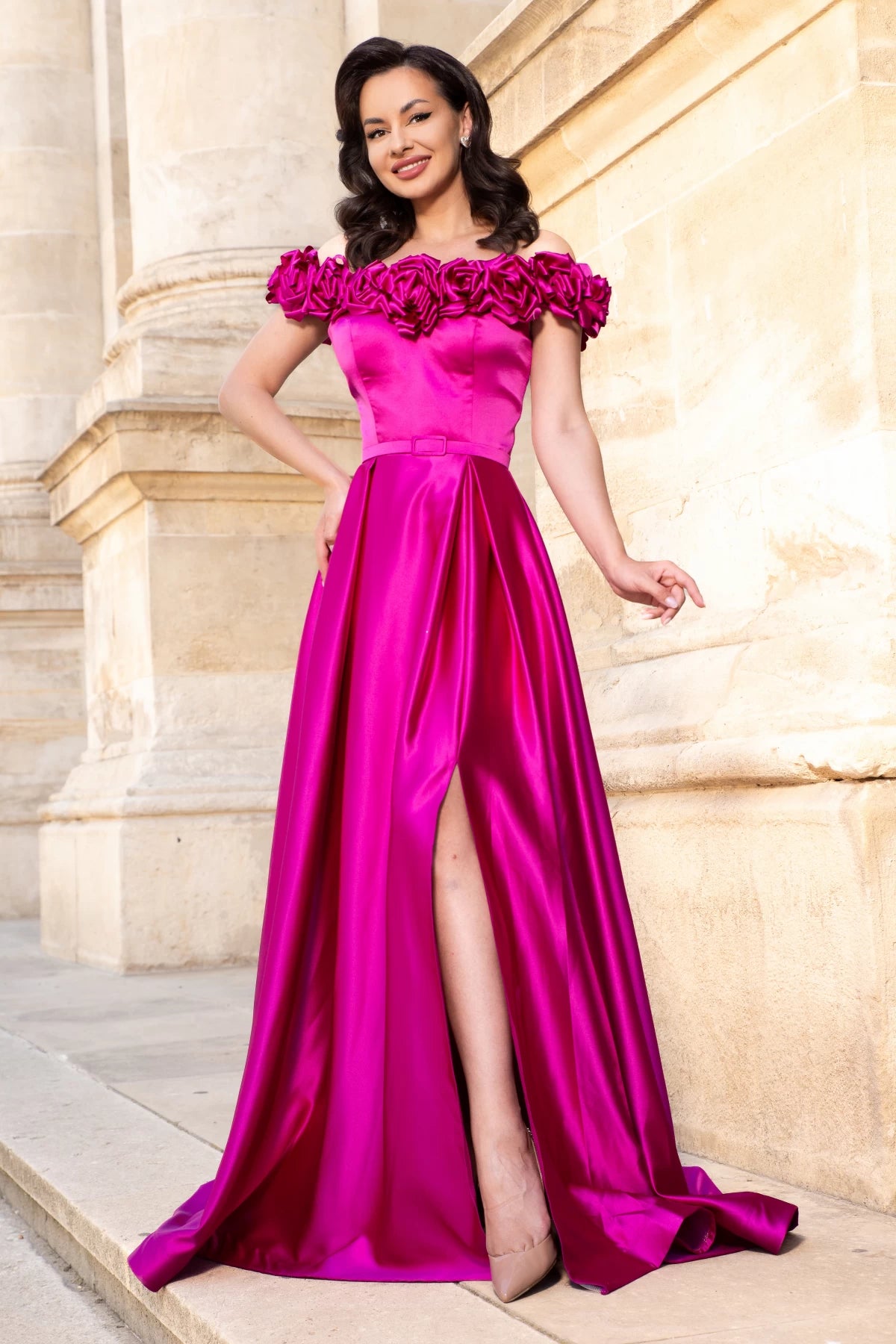 Rochie eleganta lunga Penelope fuchsia cu trandafiri pretiosi