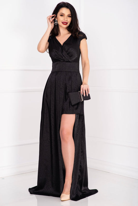 Rochie eleganta neagra dungata cu decupaj pe picior