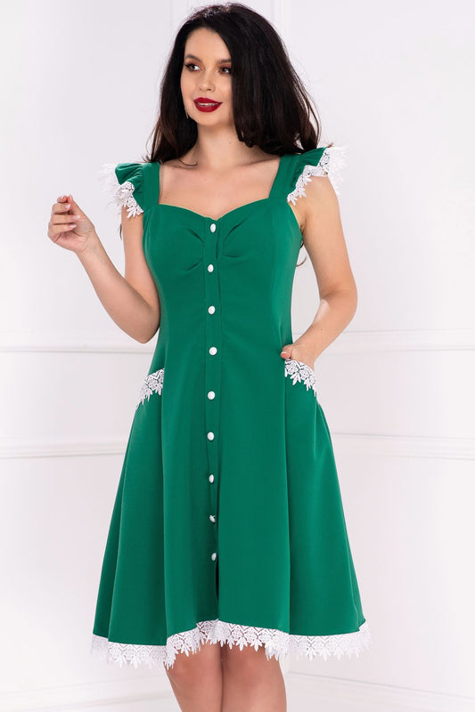 Rochie InPuff verde cu volanase la umeri si broderie aplicata