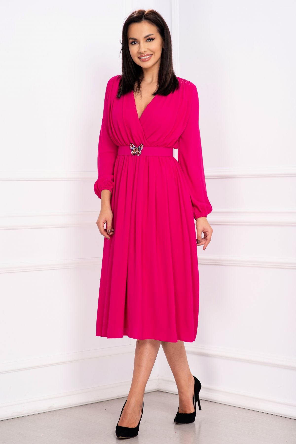 Rochie midi Otilia eleganta fucsia cu centura in talie