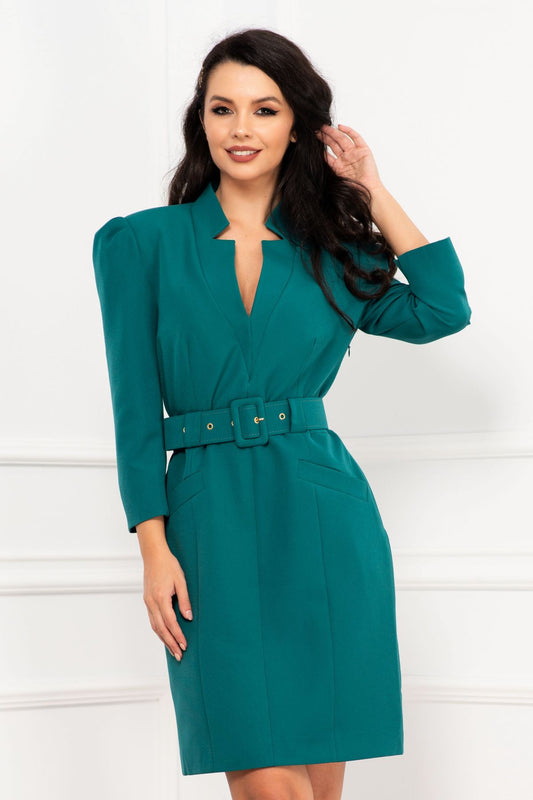 Rochie office eleganta verde dreapta cu centura in talie