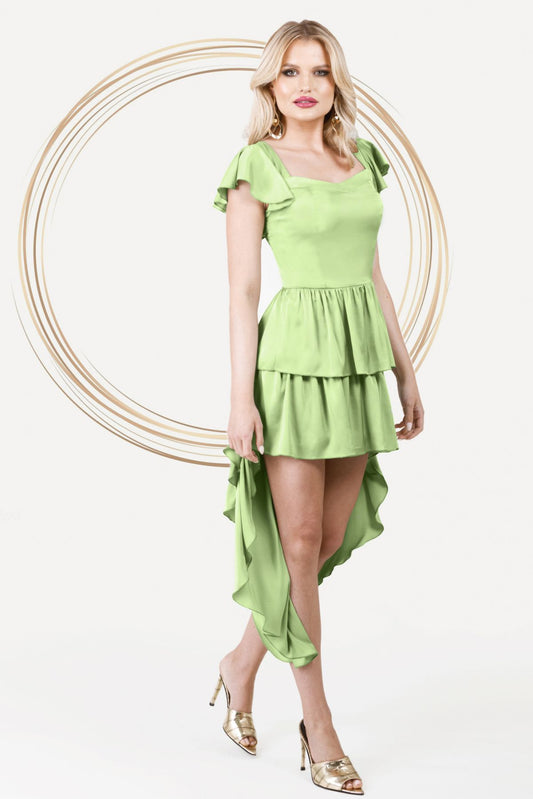 Rochie Pretty Girl asimetrica verde de vara cu volane