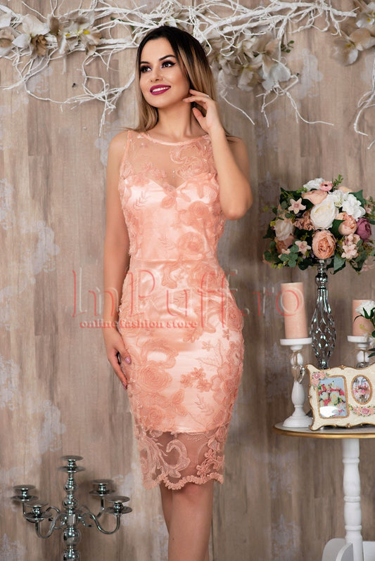 Rochie Pretty Girl midi rose din dantela 3D